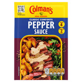 Colman's Pepper Sauce 40g pack features a serving suggestion with steak, potatoes, and salad. It serves 4, simmers in just 2 minutes, and delivers a spicy pepper flavor—perfect for adding classic comfort to any meal.